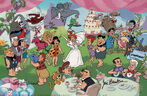 Wiggy along with the cast attending Pebbles and Bamm-Bamm's wedding party in a piece of promotional art for I Yabba-Dabba Do! and a sericel, "Pebbles and Bamm Bamm's Nuptial Bliss".