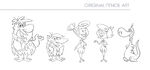 Original pencil art lineup of Fred, Barney, Wilma, Betty and Dino in Yabba-Dabba Dinosaurs by Chris Battle.