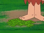 Hundred dollar bills in the ground beneath Barney's feet from "Two Men on a Dinosaur".