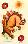Fred with a stegosaurus in a Flintstones Ed-U-Card.