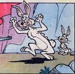 A giant rabbitsaurus protecting a little rabbitsaurus (known as the Gigantisaurus Lepus) in the comic story, "The Mighty Hunter" from the eighth issue of The Flintstones by Marvel Comics.