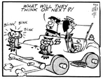Fred in a compact model with Owlasaurus directional signals in the back from a January 21, 1975 comic strip.