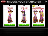 Willow along with James and Custom worker on the character selection screen