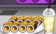 A plate of sushi and bubble tea