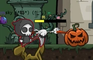 A Stork trapped between a Pumpkin and a Grim Reaper trying to kill it