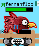 A Maroon Bird eating two Flies, with one of them being severely damaged