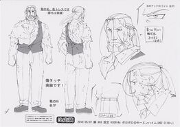 Full-Body, Half-Body, Facial Expression, and Eye Sketches for Hohenheim, for the 2009 Brotherhood anime and or the Manga.