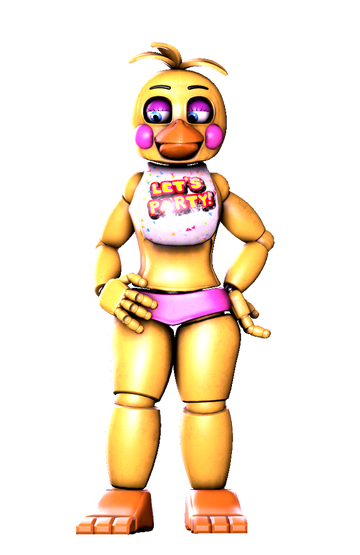 Shattered chica from fnaf looking for a new beak to wear but finds a mask  of her self