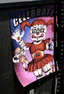 Bidybab in Circus Baby's Poster as seen in the Elevator, saying "Celebrate!" referencing the FNaF 1 "Celebrate!" poster in the office.