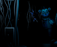 The Breaker Room from the Extras Menu. Unlike the actual game, Funtime Freddy and Bon-Bon are staring at the player while on-stage.