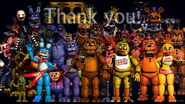 Golden Freddy, featured with all of the other animatronics (excluding the phantoms and shadows) throughout the first four Five Nights at Freddy's installments.