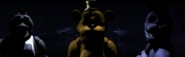 Golden Freddy with Chica and Bonnie staring at the player during the cutscene.