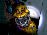 Nightmare Fredbear getting closer in the Left Hall, brightened.