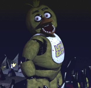 Shattered chica from fnaf looking for a new beak to wear but finds a mask  of her self