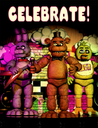 Freddy with Chica and Bonnie on the CELEBRATE! poster.