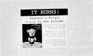 Springtrap's face as seen in the brightened "IT BURNS!" newspaper.