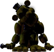 Golden Freddy. Note that his eyes are missing, and instead are replaced with pinprick, white pupils.
