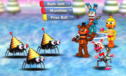 Adventure Toy Chica with Adventure Toy Freddy, Adventure Toy Bonnie, and Adventure Mangle about to attack.