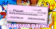 The End Screen showing Bonnie, Freddy Fazbear, and Chica in the background with a paycheck in the foreground (FNiA2)
