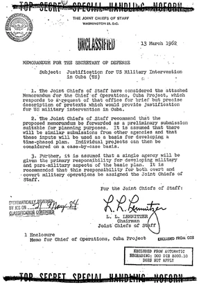 Declassified - 1962 Memorandum to justify Cuba invasion. Click on image to view all contents.