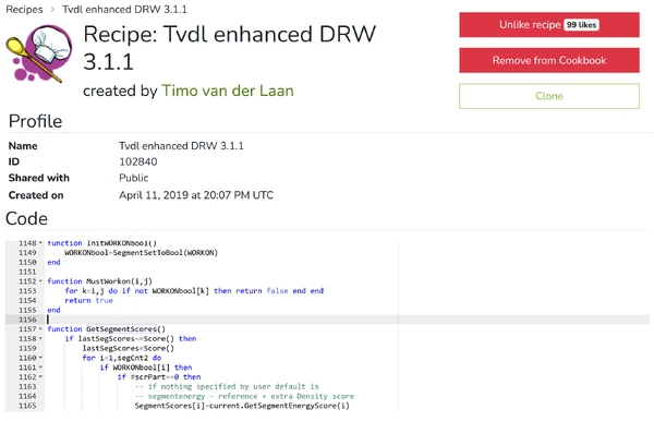 A classic Recipe. This condensed view shows part of the recipe Tvdl enhanced DRW 3.1.1, as seen on the fold.it website. Enhanced DRW, also known as , is public recipe, available to all players. Recipes are written in the  programming language.