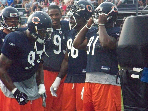 Chicago Bears' Alex Brown holds up a NFC Championship T-Shirt