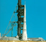 Soviet N1 booster on launch pad at Baikonur Cosmodrome, Kazakhstan