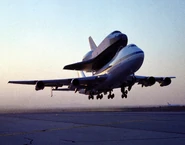 Shuttle Carrier Aircraft with Endeavour mounted at take-off from Palmdale, 1991