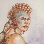 A depiction of a lakshu out of her armor from the AD&D Trading Cards game.