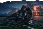A smuggler using a rowboat to bring supplies into Yartar.
