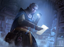 A male elf wizard reading a piece of parchment.