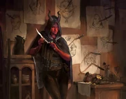 A grim tiefling hireling rogue.