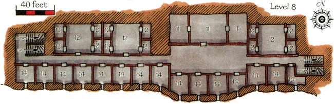 Floor plan of the eighth level of the Cloister where political prisoners were kept (14). Another kitchen (11) served their dietary needs, and there were plenty of baths and privies (12).