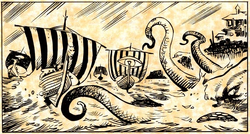 Longships and giant octopus