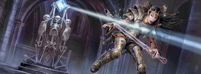 A soul gem trap emitting a beam of radiant energy towards an intruder, by Anne Stokes.