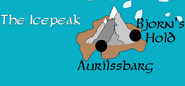 The location of the two largest settlements on Ice Peak island.