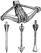 A crossbow alongside three bolts with differently shaped heads.