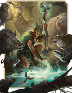 A weasel stands at the feet of a druid gathering woodland creatures.
