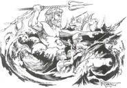 A group of hippocampi being ridden by aquatic elves, while the interloper deity Poseidon stands to the side.