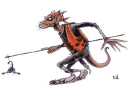 A kobold walks around with a scorpion strung up on a stick.