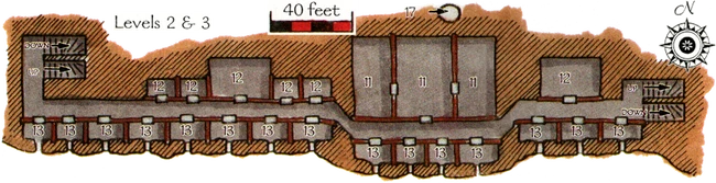 Floor plan of the prison levels (two and three) showing inmates cells (13), another kitchen and dining area (11), and the usual baths and privies (12).