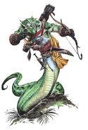 A yuan-ti cultist wearing a set of gauntlets of ogre strength.