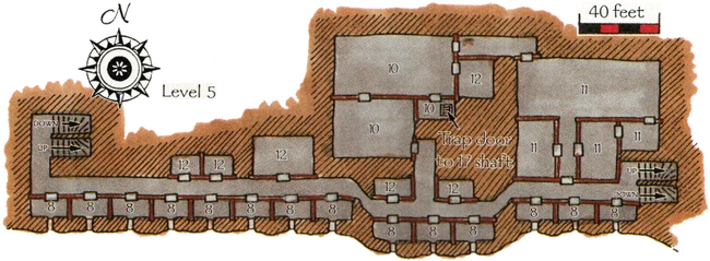 Floor plan of the fifth level showing more monk's quarters (8), another kitchen and dining hall (11), privies and baths (12), and the combined administrative offices and quarters of the Reverend Father (10).