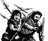 Two adventurers face an assault by flying daggers.