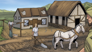 Members of the Thistledown family plow their fields with a bit and bridle equipped horse.