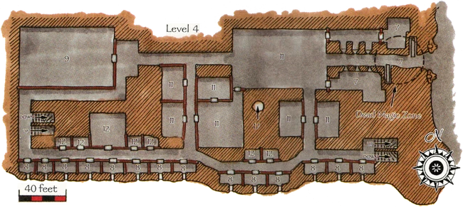Floor plan of the fourth level showing the Adiir Gate entrance (7), dining hall, kitchens, pantries (11), monk's quarters (8), privies and baths (12), and the library (9).
