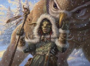 A goblin shepherd with her owlbear companion, as depicted in Commander Legends: Battle for Baldur's Gate.