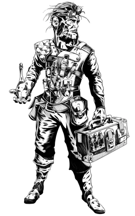  wears a vial bandolier.