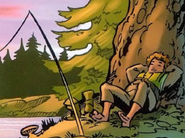 Regis "uses" a fishing rod to catch fish.