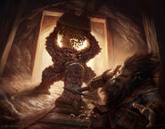 A xorn greedily consumes a minecart's ore load in front of a dwarf miner.